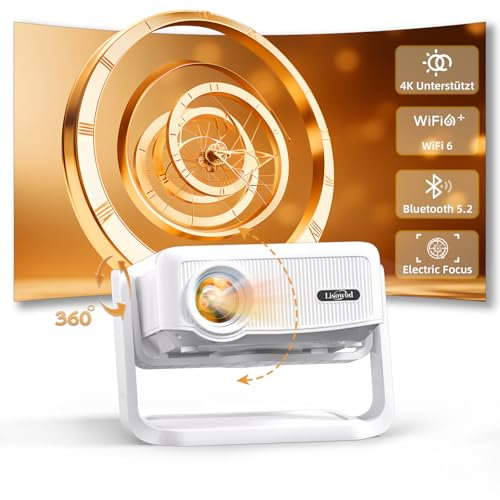 Beamer丨[Elektrischer Fokus丨Auto Keystone] 4K Full HD 1080P Unterstützt,WiFi 6 und Bluetooth丨Mini beamer, 300 Zoll, 360-Grad-Drehbar Beamer, Ideal für Heimkino丨Outdoor Projektor Kompatibel mit Handy,PC
