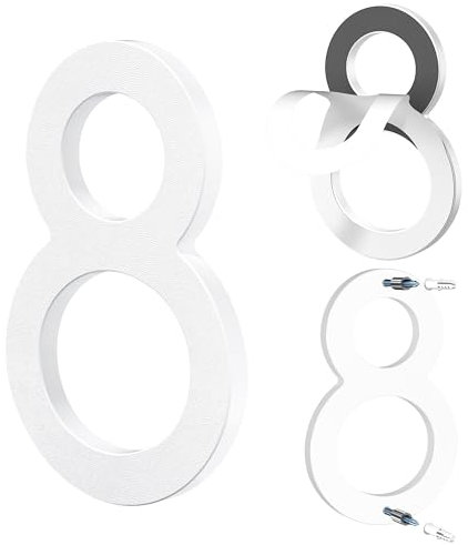 Yafimea Numero civico esterno 15 cm bianco, Numeri civici adesivi o a vite, effetto galleggiante 3D, plastica resistente per parete o cancello (8)