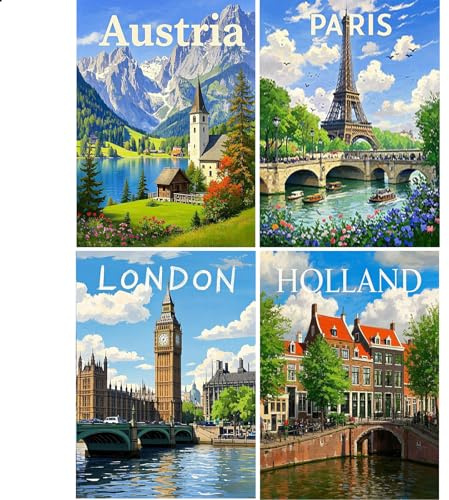JISHSHAY 4er Set Diamond Painting Steine Rund Stadt 30×40cm Diamant Painting Runde Steine Diamant Malerei Diamaond Malerei Diamantmalerei Mosaik Bastelset Erwachsene Austria Paris London Holland