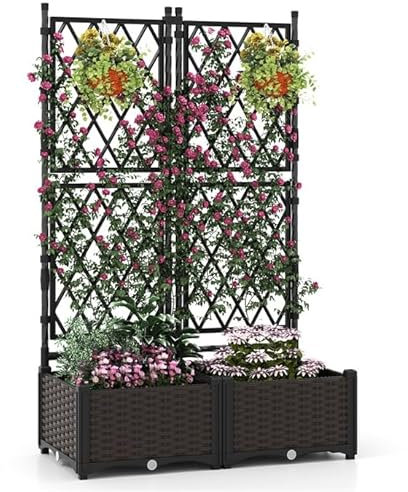 COSTWAY Jardinière avec Treillis sur Pied, Double Bac à Fleur Auto-arrosage en Rotin PP avec Maille Diamant Trou de Drainage, Lit de Jardin pour Plantes Grimpantes Légumes (80 x 40 x 126 cm)