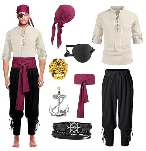 Malloom 8 Pcs Pirate Costume Men Adult, Mens Medieval Viking Fancy Dress Costume Outfit Set with Shirt, Trousers & Accessories for Halloween, Cosplay, Carnival Parties (M)