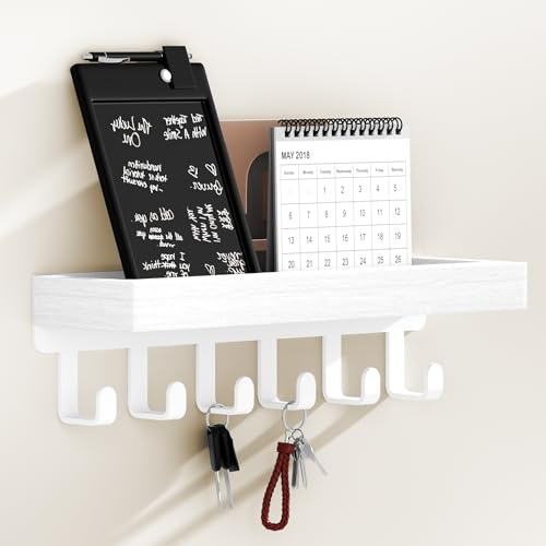 SWTYMIKI Key Holder with Wood Tray and 6 Hooks, Wall Mounted Key Racks, Key Hangers Home Decor Key Rack Mail Organizer for Hallway, Entryway, Bedroom, Mudroom, Office