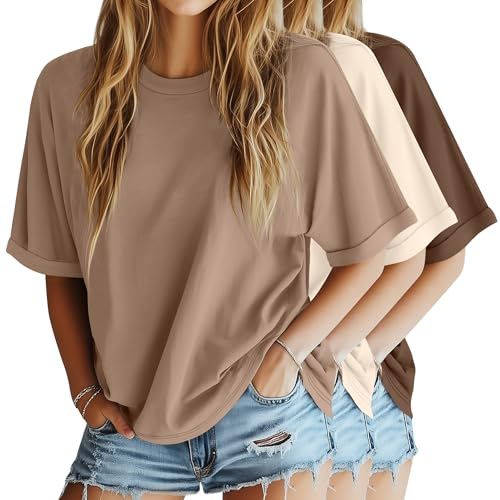Riyiper 3 Pack Womens Oversized T Shirts | Baggy, Summer Tees, Lounge, Loose Fit, Soft, Dolman Half Sleeve, Crew Neck, Basic Tops, Lightweight, Casual, Comfortable
