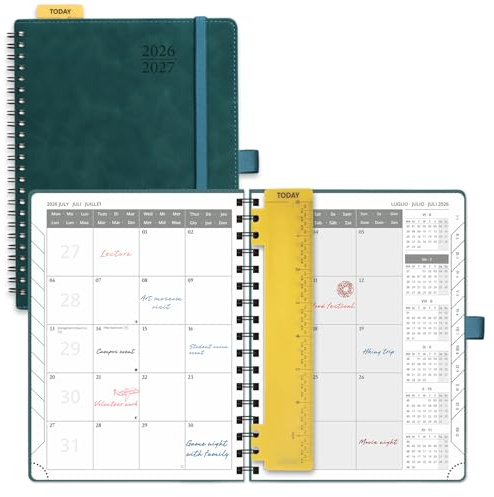 POPRUN Kalender 2026 2027 Spiralbuch Monatsplaner ca.A5(21,8 x 16,4cm) | 18 Monate Monatskalender,(Jul.2026-Dez.2027),Softcover mit PU-Leder,1 Monat 2 Seiten,100 GSM Papier(Petrolgrün)