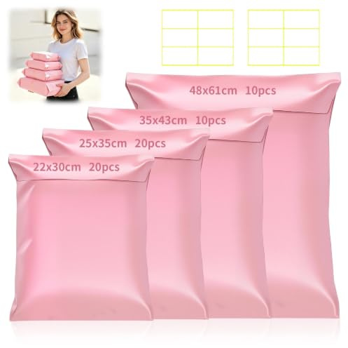 Tuxvealu 60 PCS Rosa Versandtaschen Kleidung, Versandtüten für Vinted, Selbstklebend und Blickdicht, Wasserdicht Versandtaschen Warensendung für Kleine Unternehmen (22x30cm, 25x35cm, 35x43cm, 48x61cm)