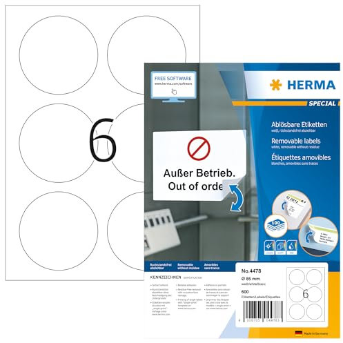 HERMA 4478 Universal Etiketten ablösbar rund, 100 Blatt, Ø 85 mm, 6 pro A4 Bogen, 600 Stück, selbstklebend, bedruckbar, matt, blanko Papier Klebeetiketten Aufkleber, weiß