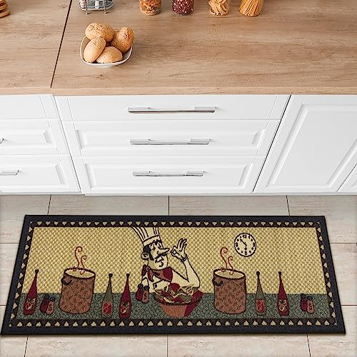 Ottomanson Passatoia da cucina con motivo cuoco, collezione Siesta, fondo in gomma, 50 cm x 150 cm, colore: Beige con motivo cuoco