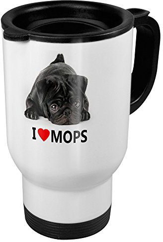 printplanet Thermobecher mit Hunderasse Mops - Coffee to Go Becher, Thermo-Tasse, Farbe Weiß