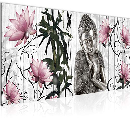 Runa Art Wandbild Buddha Blumen 1 Teilig 100 x 40 cm Modern Bild auf Vlies Leinwand Holz Wohnzimmer Schwarz Weiss 505912c