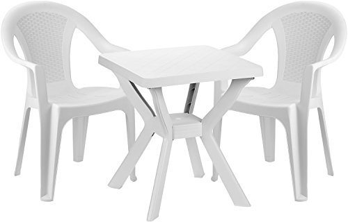Mojawo® Bistrogarnitur 3-teilig Bistrotisch Kunststoff Eckig 70x70cm H72cm + 2 Stapelstühle Kunststoff Weiß