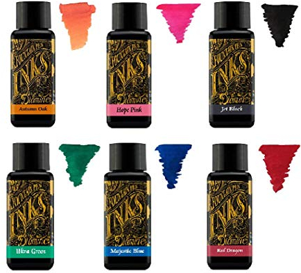 Diamine - 30ml Fountain Pen Ink - Colour Wheel - 6 Pack - Autumn Oak, Hope Pink, Jet Black, Ultra Green, Majestic Blue, Red Dragon