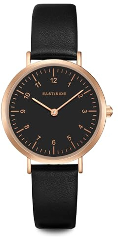 Eastside Damen Uhr Metall-Legierung roségold Quarzwerk 3 ATM | Echtleder Armband, schwarz, keine Prägung, Zifferblatt schwarz, Mineralglas, Armbanduhr, Fashion-Uhr