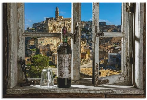 ARTland Wanddeko Wandbild Alu Verbundplatte für Innen & Outdoor Bild 120x80 cm Fensterblick Stadt Italien Wein Fenster Ausblick Mediterran U1XJ