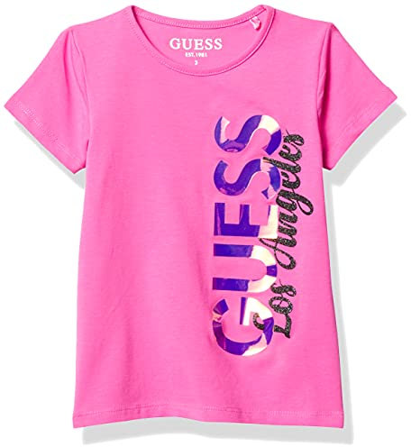 GUESS T-shirt a maniche corte con glitter in jersey di cotone biologico da ragazza, Rosa Pop, 24 mesi