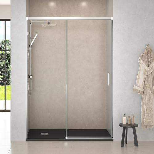 Mampara de Ducha Frontal Corredera 1 puerta Corredera + 1 fijo | Transparente | Cristal templado 6mm Antical | 195cm de Altura | Perfilería Cromo Brillo | 115cm (Adaptable 109-114cm)
