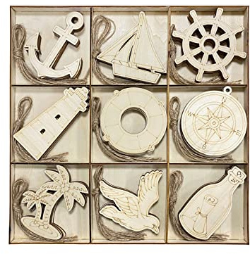 45 Stück unlackierte nautische Holzausschnitte zum Basteln, Holzanker, Segelboot, Schiffsrad, Kompass für DIY-Projekte, 8,9 cm, je 5 Stück