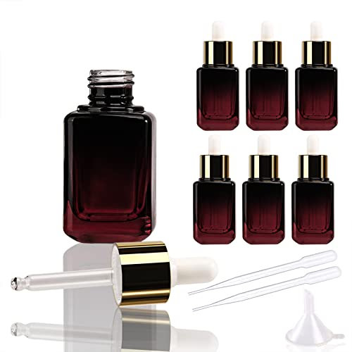COSIDEA 6pcs Empty gradient Red Square 30ml / 1oz Glass dropper bottle for Serum essence oil bottles container packing