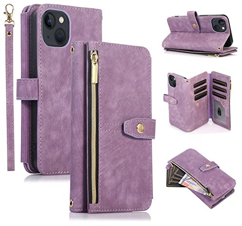 UEEBAI Case for iPhone 14 Plus 6.7 inch, 9 Card Slots Retro Leather Wallet Shockproof Flip Cover with Hand Strap Card Slots Zipper Pocket Kickstand Handbag Magnetic Closure - Purple