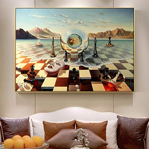 Rumlly Salvador Dali Surrealism Chess Mask on Sea Canvas Paintings Abstract Posters Prints Wall Pictures for Living Room Home Decor 80x120cm Frameless