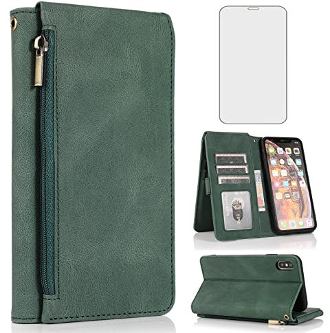 Compatible with iPhone Xs X 10 10s Wallet Case Tempered Glass Screen Protector Zipper Leather Flip Cover Card Holder Stand Phone for iPhoneX iPhoneXs iPhone10 i PhoneX SX 10x 10xs X’s Women Men Green