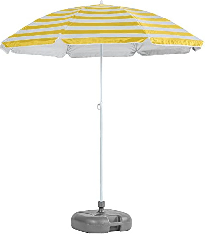 Harbour Housewares Yellow Striped Beach Parasol with Base - 1.74 x 1.93m - UPF 50+ Portable Garden Umbrella with Grey Base Lightweight UV Sun Protection Umbrella for Picnics, Garden and Beach Days