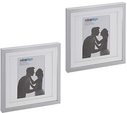 Relaxdays Bilderrahmen 2er Set, 25x25 cm, quadratisch, Fotorahmen zum Aufhängen oder Hinstellen, Passepartout, silber