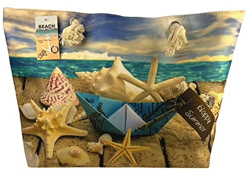 Alsino Strandtasche Badetasche XXL Familie - Wasserresistent mit Reißverschluss & Innentasche - Schultertasche Schwimmbad Strand Tasche, Motiv wählen:TT-m56 Strand Muschel