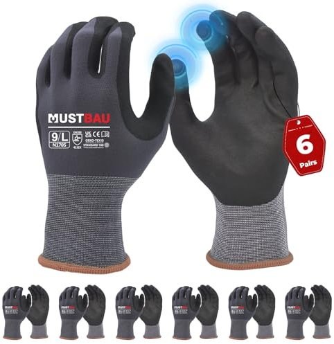 Mustbau Arbeitshandschuhe Schwarz mit Touchscreen, Arbeitshandschuhe Herren mit Nitril Beschichtung für Montagearbeit,Mechaniker, Gartenarbeit und Bauarbeiten, Gr. L, 6 Paare