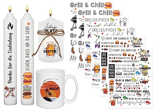 Sugeru 6 PCS Kerzentattoo (200+ Muster),Wassertransferdruck |wasserschiebefolie kerzen | Kerzenfolie | kerzenaufkleber sticker |Kerzen dekorieren | Sprüche,Lieblingsmensch,Happy Birthday (Grill)