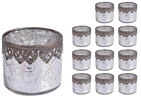 Jinfa 12er-Set Teelichthalter Silber Kerzenhalter Windlicht Glas Kerzengläser Teelichtgläser Weihnachtsdeko Innen Geschenke für Frauen - Zylindrische Form Ø10cm x h9cm