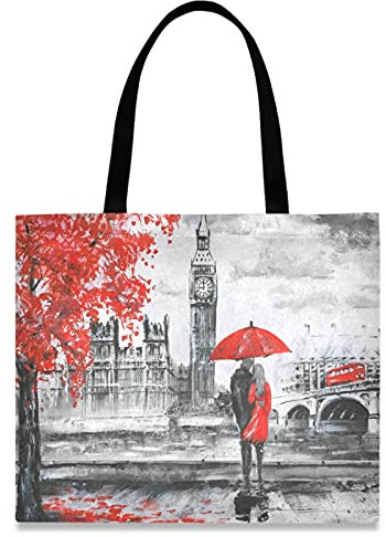 874 Stofftasche 40X50Cm, Romantische Londoner Straßenansicht Big Ben Einkaufstaschen Langlebig Stoffbeutel Waschbar Einkaufstasche Für Geschenk Damen Familie