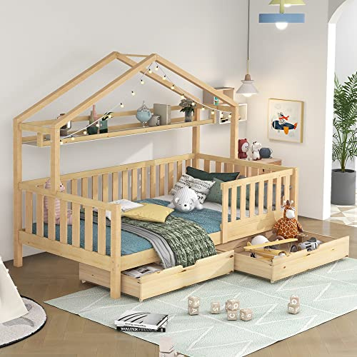I0I&I0I Kinderbett Hausbett aus Massivholz mit Schubladen - Skandinavischer Stil - Sicher und Funktional - Kiefernholz - 90x200 cm (Natürlich)