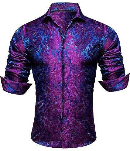YOHOWA Men's Silk Shirt Button Down Paisley Flower Dress Shirts Formal Casual Work Relaxed Fit Long Sleeve