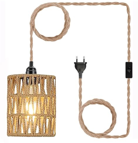 Boho Vintage Hängelampe mit Stecker Lampe Pendelleuchte Rattan Zylinder Lampenschirm Hängeleuchte Esstischlampe Industrie Hängende Laterne 450cm Kabel E27 für Schlafzimmer Flur Küche Esstisch