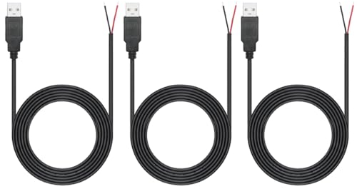 Greluma 3 Stk 2 m langes USB Pigtail, 2 adriges 22 AWG USB 2.0 Kabel, 2-poliger blanker Draht mit offenem Ende, 2 m langes USB Steckerkabel, 12 V 3 A USB Stecker Stromkabel