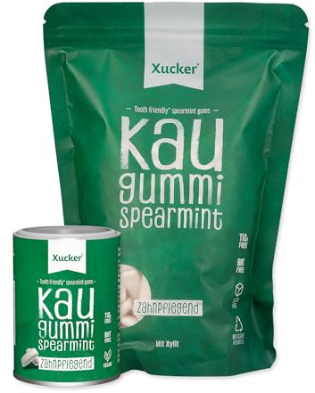 Xucker Zuckerfreie Zahnpflege Kaugummis - Xylit Kaugummis zuckerfrei mit Spearmint Geschmack I Vegane Xylitol Kaugummis I Zahnpflege & gegen Mundgeruch I Dose 100g + Beutel 600g (Spearmint Set)