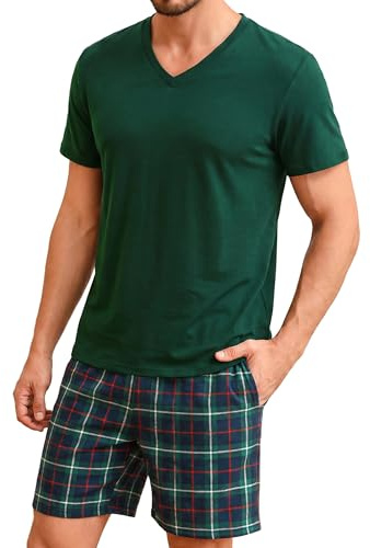 Bresdk Pigiama Uomo Cotone Corto Manica Corta Estivo 2 Pezzi Leggero Maglia | con Scollo a V e Pantaloncini Scozzesi