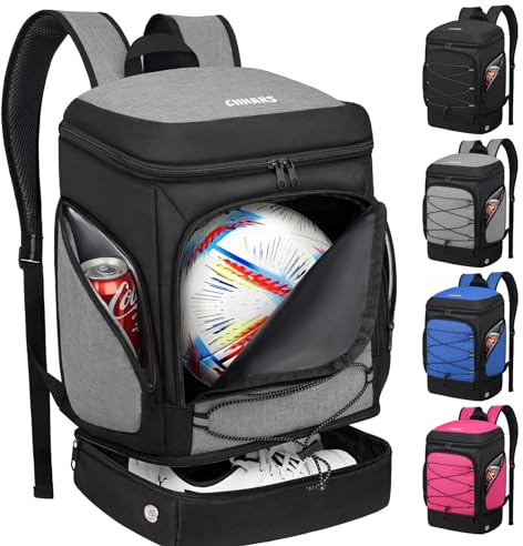 Ciihars Fußball-Rucksack, Fußballtasche mit Ballhalter, inklusive separatem Schuh- und Ballfach, Sportausrüstungstaschen, passend für Basketball, Volleyball, Fußball (grau)
