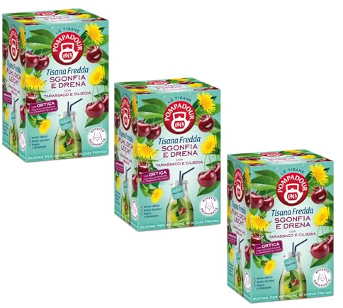 Pompadour® | Infuso Freddo Sgonfia e Drena - 3 x 18 Filtri (135 Gr) | Infusioni Acqua Fredda No Caffeina | Tisana Tarassaco e Ciliegia
