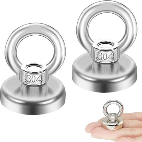 2 Pack Round Neodymium, Strong Neodymium Magnets, 0.95inch (25mm) Strong Magnets Heavy Duty 17kg, Rare Earth Magnet, Industrial Magnet with Eye Bolts for Fishing, Hanging, Hoisting