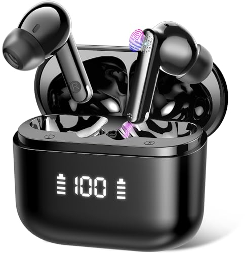 Auriculares Inalámbricos Bluetooth, Auriculares Bluetooth 5.3 con HD Micrófono, HiFi Estéreo, 48H Cascos Inalámbricos con Reducción de Ruido ENC, IP7 Impermeable Auriculares, Pantalla LED, Plata