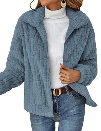 HUXRAKV Donna Cappotto Caldo di Peluche Risvolto Giacca Corta Autunno Inverno Cappotti Cerniera Cappotto con Tasche,WD20-Blu,L