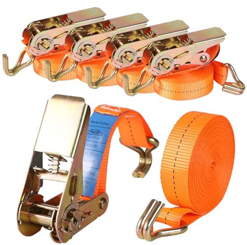 Pamatio 4 Pack 1000 kg Ratchet Straps With J-Hooks, 4m Long, 25mm Wide, For Trailers, Cars, Motorcycle (Orange) Load capacity 1000 kg