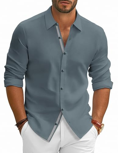 PJ PAUL JONES Mens Shirts Long Sleeve Smart Casual Dress Shirts Stretch Non Iron Gray Purple XL