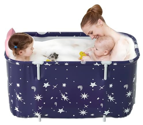 Warmiehomy Faltbare Badewanne, 120X50X55cm Tragbare Klappbadewanne mit Kissen und Rückenlehne, Heißes Bad Eisbad SPA Badewanne für Dusche, Mobile Badewannes für Erwachsene Kinder, Sternenblau