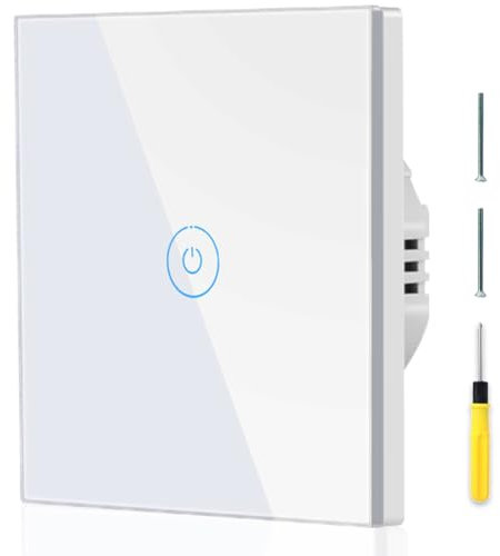 Acmerota Interruptor de Luz de Pared Interruptor de Luz Táctil Interruptor Táctil Normal 1 Gang 1 Vía Interruptor de Luz Sensible al Tacto AC 110V-240V 10A 500W, No Requiere Cable Neutro (Blanco)
