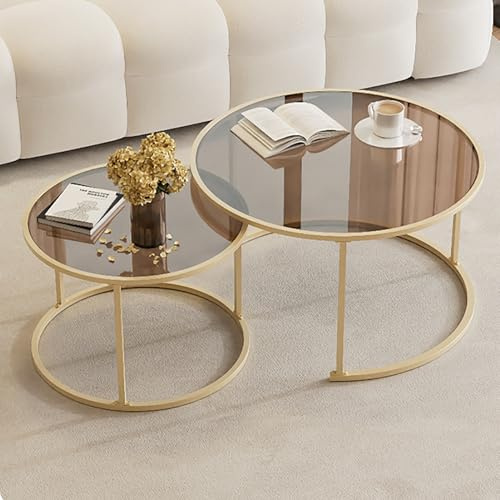 Runder Couchtisch Aus Glas, Couchtisch 2er Set, Center-Couchtisch Für Wohnzimmer, Couchtisch Aus Glas Mit Metallrahmen, Moderner Teetisch, Niedrige Couchtische, Kleiner Teetisch Für Die Wohnung(Gold,6