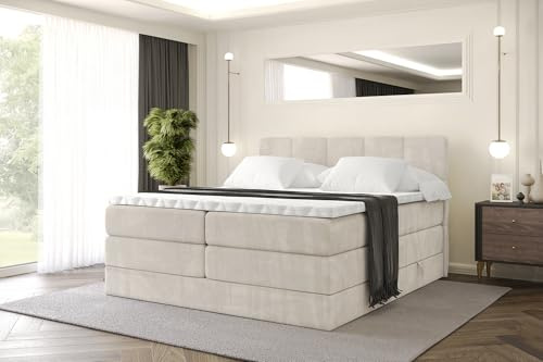 ALTDECOR Boxbett mit H3 H4 Matratze LIRO King - 120x200 - Beige | Lattenrost, Topper, Boxspringbett mit Bettkasten, Bett mit Stauraum, Doppelbett, Polsterbett