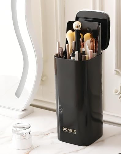 STORICANS Makeup Brush Holder with Lid,4 Slots Automatic Lifting Dustproof Make up Brush Organiser Makeup Brushes Case Make up Cosmetics Organizer Storage for Dressing Table,Vanity,Gold-Black