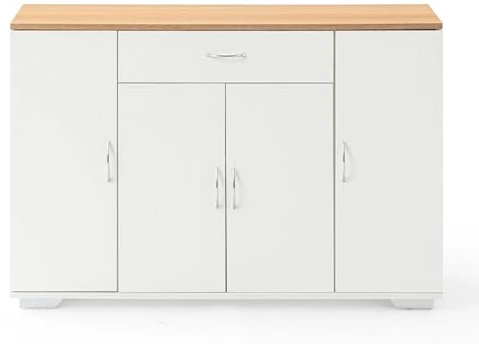 Xisilla Commode blanche avec 1 tiroir et 4 portes - Buffet de chambre à coucher avec décor en bois pour salon/couloir - Meuble de rangement moderne